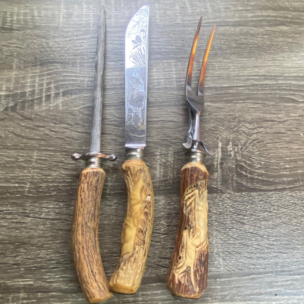 Anton Wingen Jr Solingen Germany Carve Stag Horn Handle Etched Turkey Knife Fork